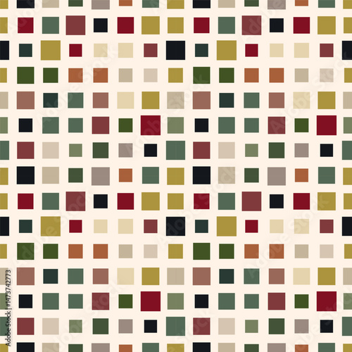 Colorful grid of earthy-toned squares on cream background for textile design, surface pattern, wallpaper and packaging.
