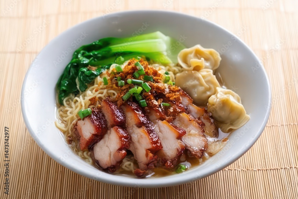 Fototapeta premium Egg noodle with red roasted pork and wonton