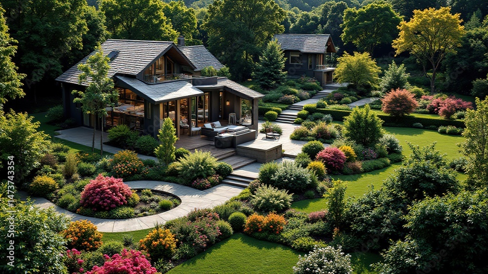 Serene Modern Home Surrounded by Lush Green Garden Landscape Serene Modern Home Surrounded by Lush Green Garden Landscape