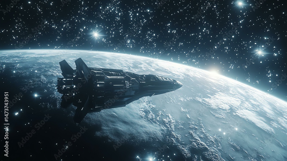 Obraz premium A spaceship soars above Earth. The image depicts a spacecraft in flight over our planet.