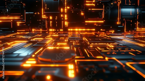 The photo depicts a futuristic scene with a backdrop of glowing orange and black squares. It evokes a sense of technological advancement and abstract design.