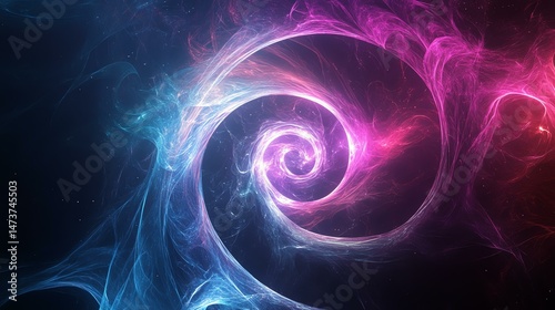 A vibrant, colorful swirl dominates a stark black background.