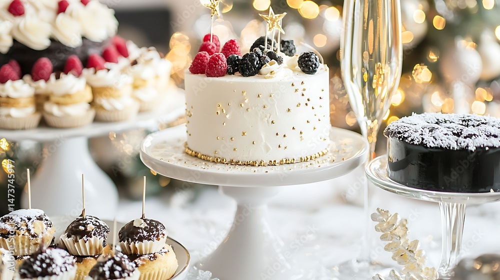 Fototapeta premium Table full of desserts including a white cake with raspberries