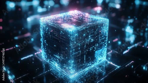 A cube is illuminated by glowing lights in the background.
