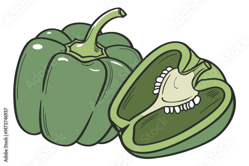70 green bell pepper, pod pepper, fresh produce, glossy surface, organic, vibrant color, healthy, vegetable, food photography, food styling
