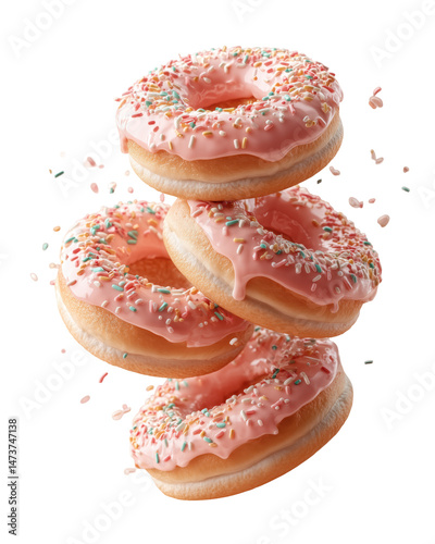 A stack of four pink-frosted donuts topped with colorful sprinkles, creating a fun and appetizing dessert display. Concept of indulgence, sweet treats, and playful food