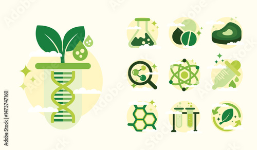 Biotechnology and scientific research concept. Includes components such as plants, DNA, molecules, test tubes, syringes. Medicals production and bioengineering. Web banner template, flat vector design