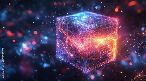 A glowing cube sits against a blue background. The cube emits a vibrant, illuminated light.