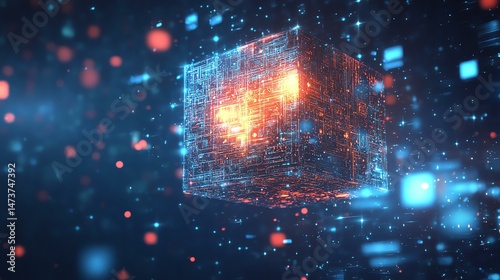 A cube is illuminated by glowing lights in the background.