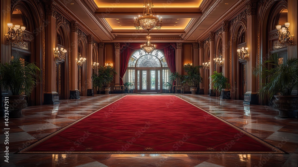 Fototapeta premium Crimson carpets cover the floors of a grand ballroom, their rich color and soft texture creating an atmosphere of elegance and luxury for dancers and guests