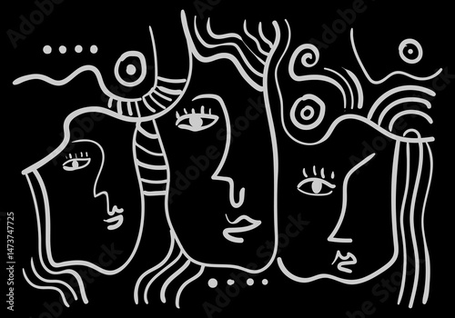 A minimalist abstract line drawing of three human faces in profile, created with flowing, continuous black lines on a white background.