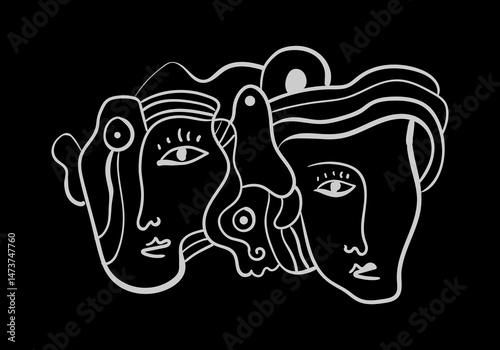 A minimalist abstract line drawing of three human faces in profile, created with flowing, continuous black lines on a white background.