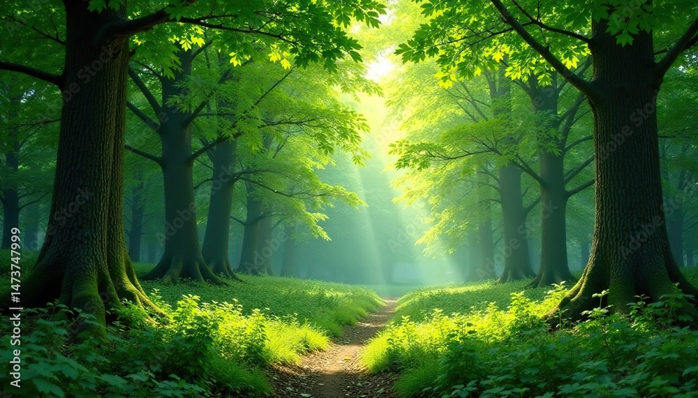 Fototapeta premium Serene forest background, lush green canopy, dappled sunlight, tranquil nature scene , green, peaceful