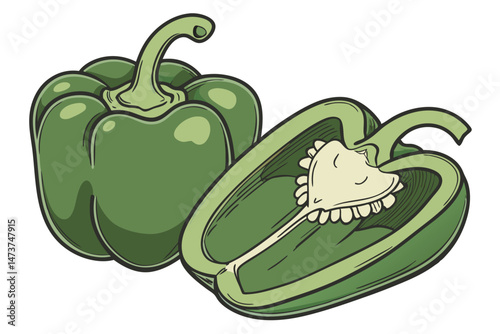 70 green bell pepper, pod pepper, fresh produce, glossy surface, organic, vibrant color, healthy, vegetable, food photography, food styling