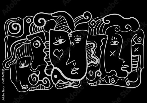 A minimalist abstract line drawing of three human faces in profile, created with flowing, continuous black lines on a white background.
