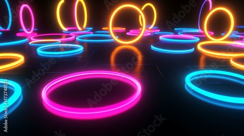 Neon light circles glow against a stark black background. The image features vibrant, circular lights set against a dark backdrop.