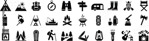 camping and outdoor recreation adventure silhouette icon set