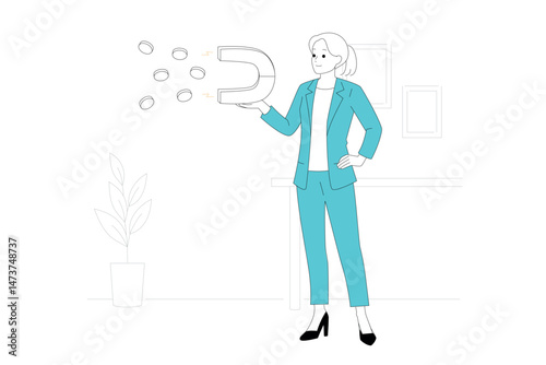 Dynamic businesswoman using a magnet to attract coins, symbolizing her drive for corporate success