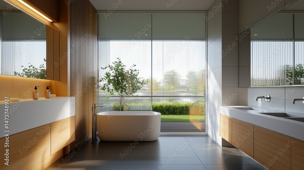 Fototapeta premium Modern bathroom featuring a freestanding tub and large windows for a serene view.