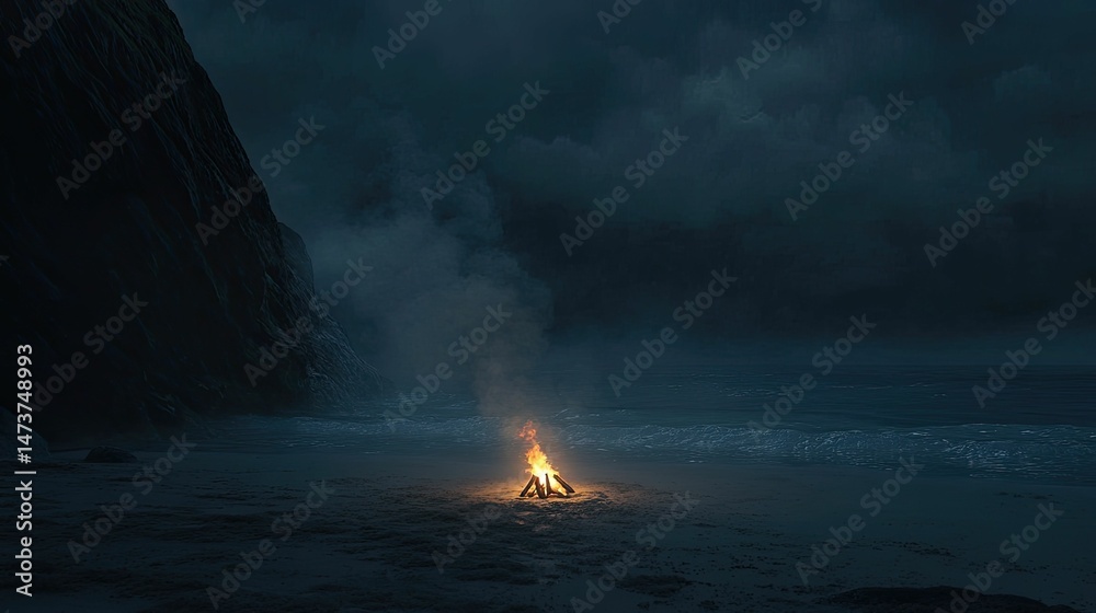 Fototapeta premium Nighttime beach fire, dark cliffs, ocean waves.