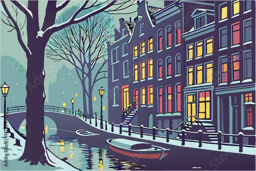 71 a snowy winter street in Amsterdam, canals with boats, dimly lit buildings with colorful lights, atmospheric fog, cozy European cityscape, cinematic and moody lighting, detailed architecture, reali