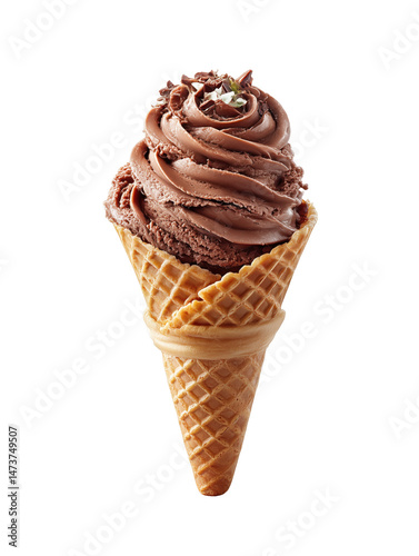 Swirled chocolate ice cream in a crisp waffle cone with textured surface, isolated on a clean white background. Concept of sweet indulgence and summer dessert treat