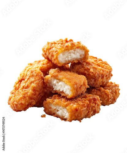 Crispy golden chicken nuggets stacked on white background with visible tender meat inside. Concept of fast food snack and savory indulgence