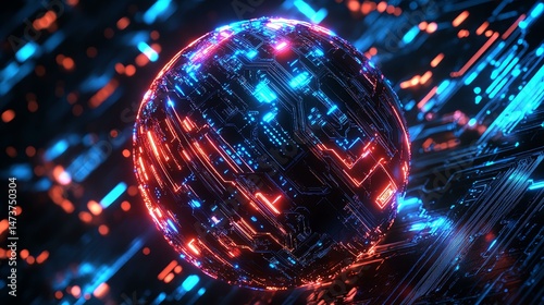 A sphere emits a vibrant glow of red and blue light.