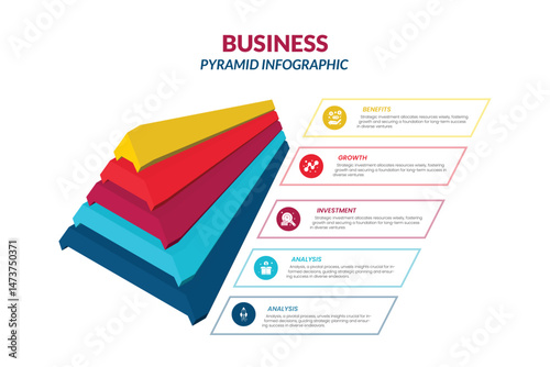 Pyramid graph template with five colorful steps. Easy to use for your website or presentation.