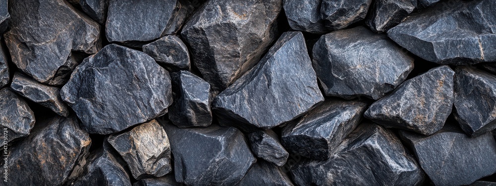 Close-up view of a dark gray stone wall.  Rough, irregular stones tightly packed together.  Natural texture and color variations visible