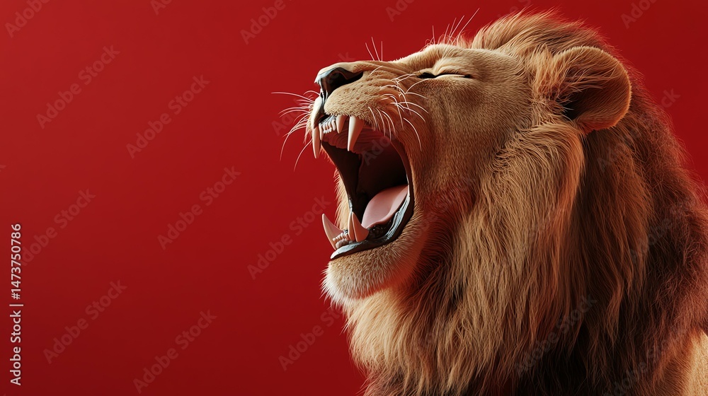 Naklejka premium A majestic lion roars with its mouth wide open, displaying its impressive vocalization. The image captures a powerful moment of the animal’s characteristic roar.