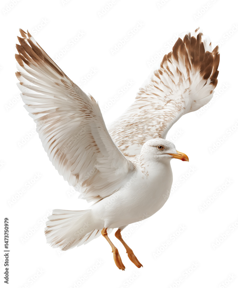 Obraz premium A seagull in mid-flight with its wings spread wide, showcasing its graceful movement and natural beauty. Concept of freedom, nature, and wildlife