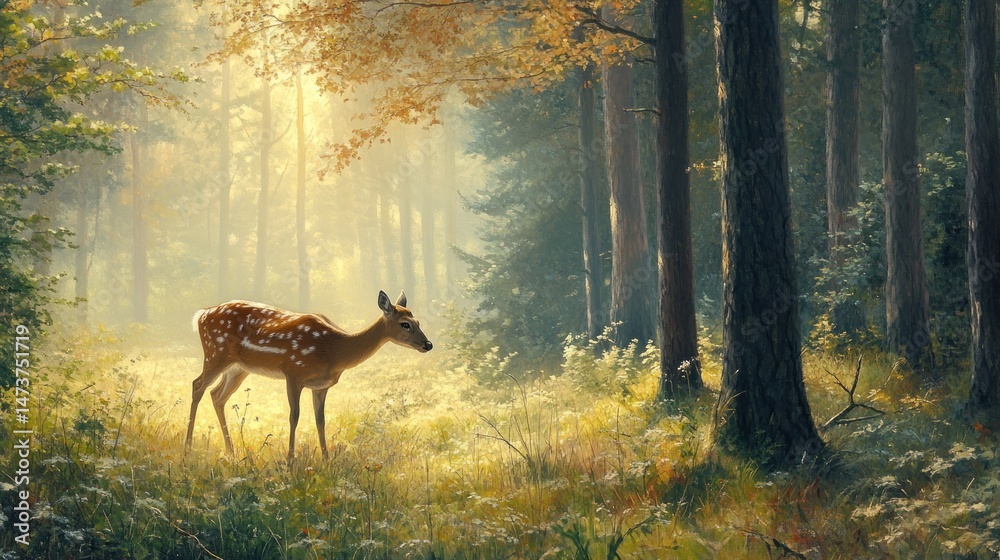 Fototapeta premium A Spotted Fawn in a Misty Forest Clearing