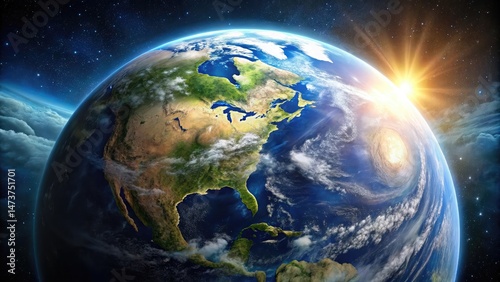 Stunning view of earth from space depicting north america with sun flare and clouds