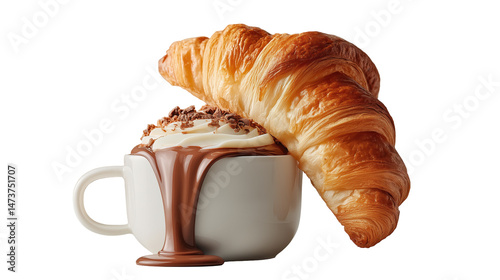 A delicious croissant perched on top of a cup filled with chocolate, creating a delightful combination of pastry and hot drink. Concept of indulgent breakfast or dessert