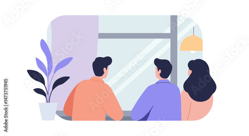 Two people looking out the window in a cozy interior  