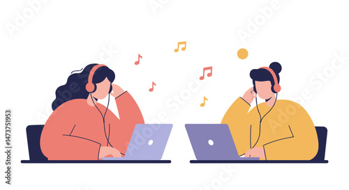 Two people enjoying music while using laptops  