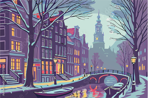 71 a snowy winter street in Amsterdam, canals with boats, dimly lit buildings with colorful lights, atmospheric fog, cozy European cityscape, cinematic and moody lighting, detailed architecture, reali