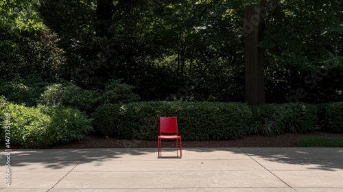 A red plastic chair sits on a concrete sidewalk in a park.