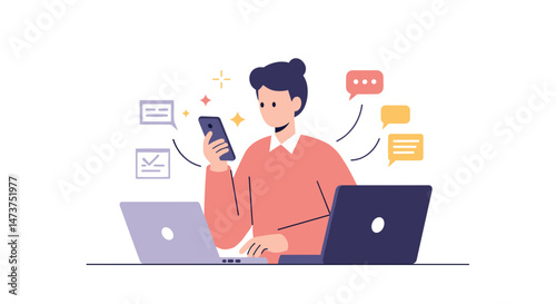 Young person multitasking with devices in a modern workspace  