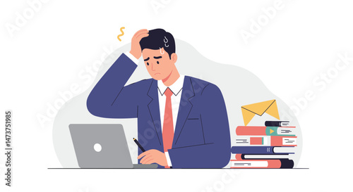 Stressed businessman working on laptop surrounded by books  