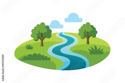 Tranquil River Meandering Through Verdant Field 