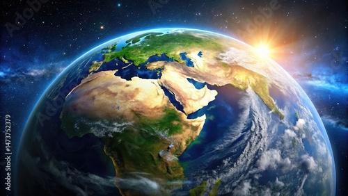 The majestic earth globe with sunlight shining from the outer space atmosphere