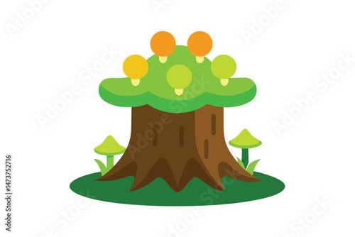 Tree Stump with Vibrant Green Moss and Mushrooms 
