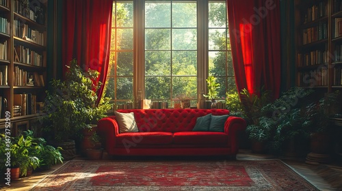 Crimson velvet drapes elegantly across a grand window, its rich texture adding a touch of luxury and opulence to the room, a symbol of comfort and refinement