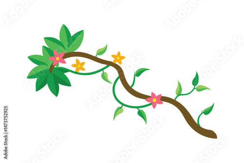 Tropical Jungle Forest Liana Branch with Flowers Vector Graphic Design