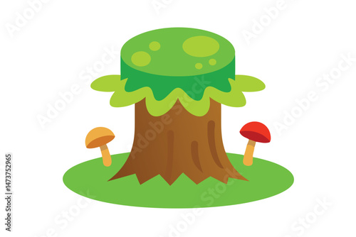 Tree Stump with Vibrant Green Moss and Mushrooms 
