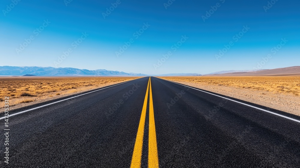 Naklejka premium A long, empty road stretches into the desert under a clear blue sky, with mountains visible in the distant background.