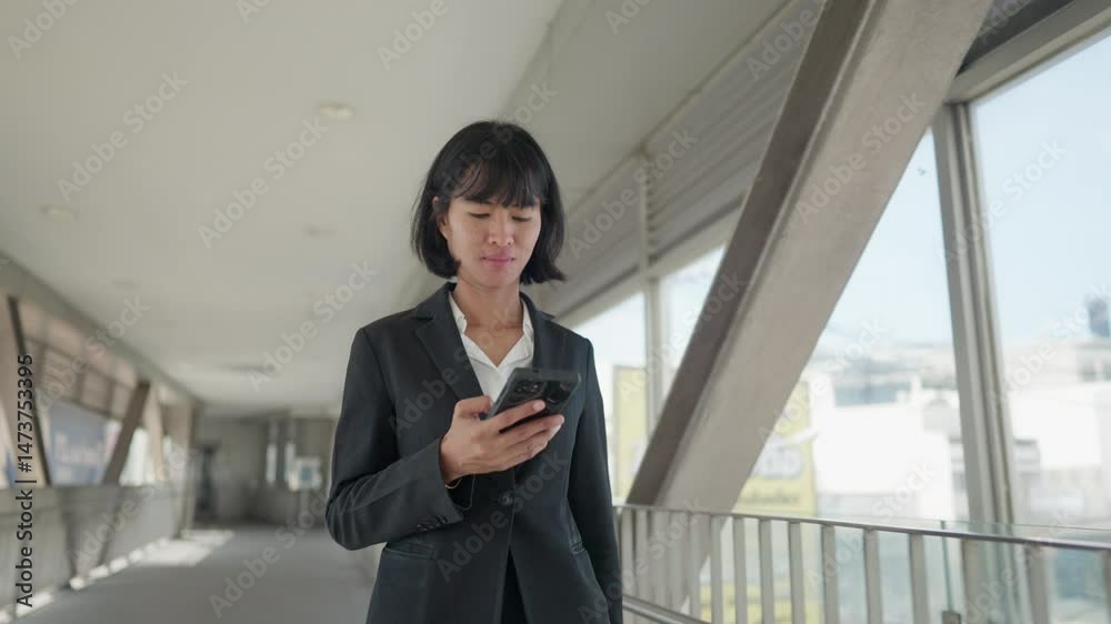 A woman in a business suit is looking at her cell phone. She is walking down a hallway A woman in a business suit is looking at her cell phone. She is walking down a hallway