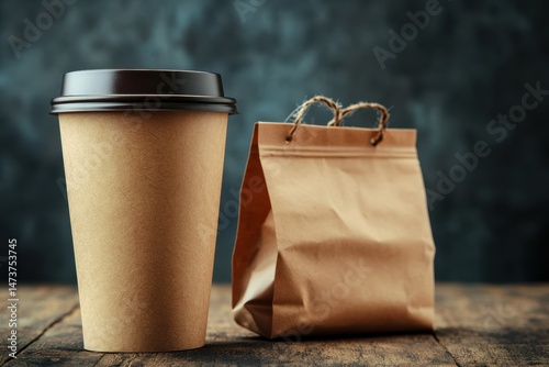 Takeaway coffee and lunch bag photo
